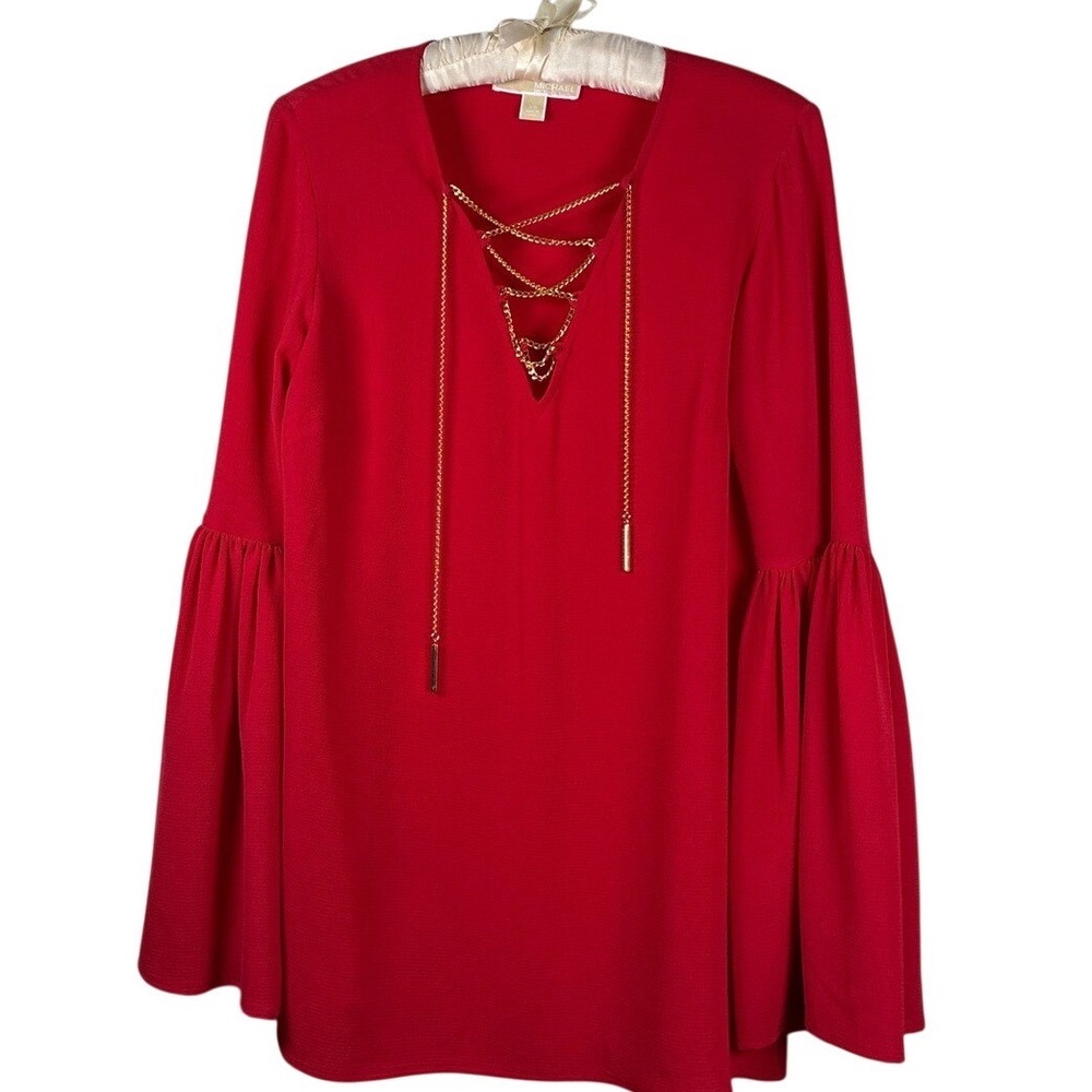 MICHAEL‎ Michael Kors Red Blouse XS bell sleeves gold chain v neck